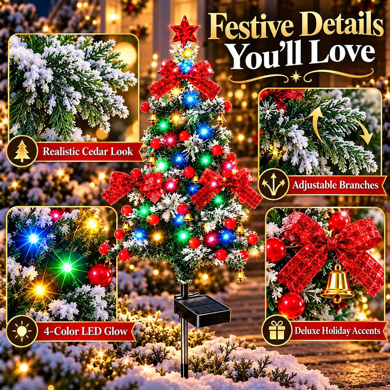 Solar cedar tree light features and outdoor design