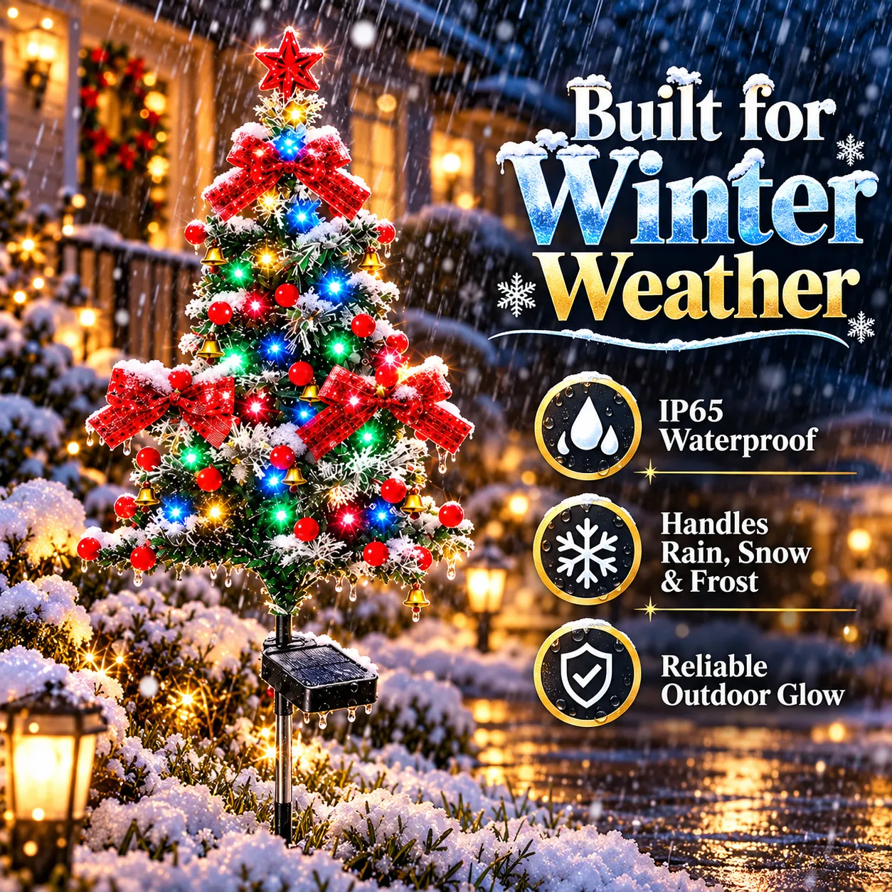 Solar cedar Christmas tree lights decorating an outdoor garden and walkway