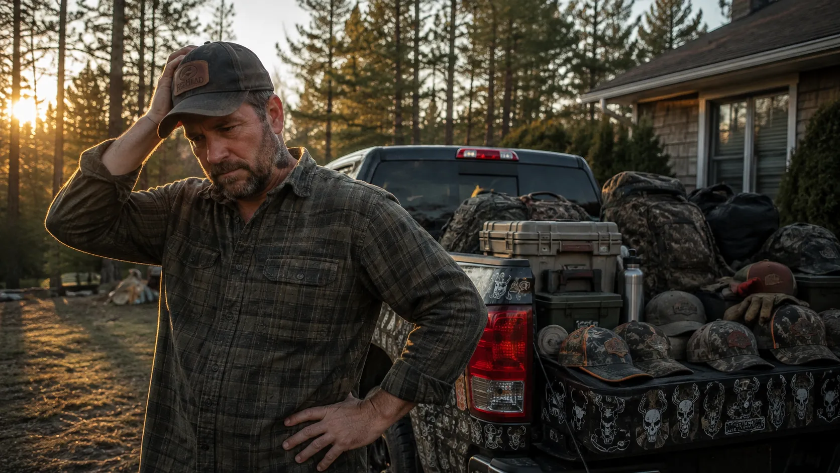 Hunter standing beside his pickup truck loaded with hunting gear at dusk in the woods