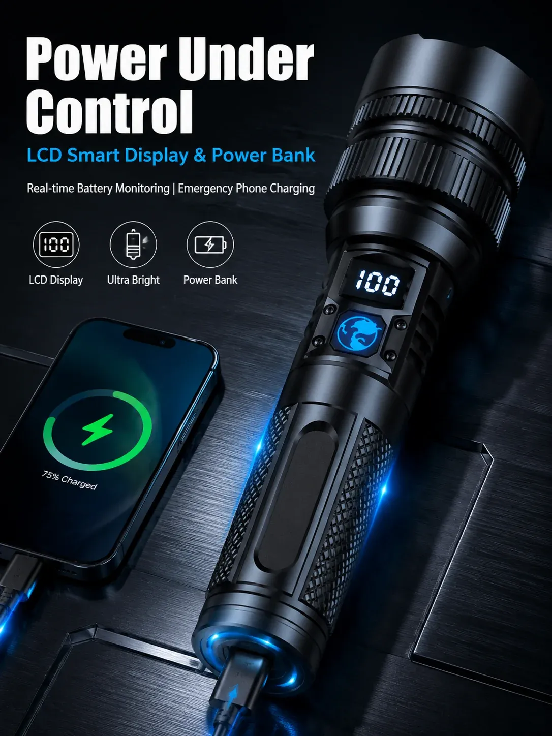 Rechargeable flashlight with LCD display and emergency power bank