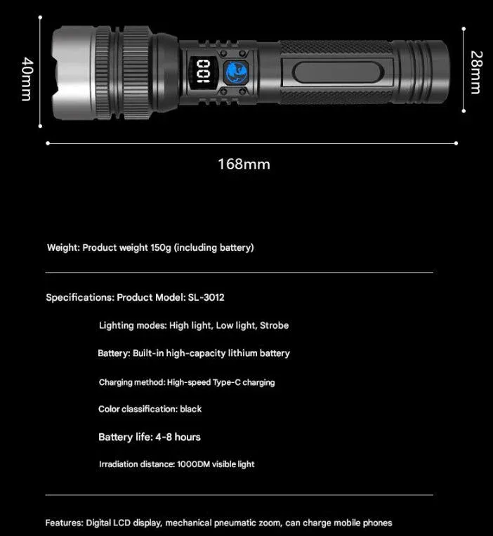 High power flashlight product dimensions and specifications