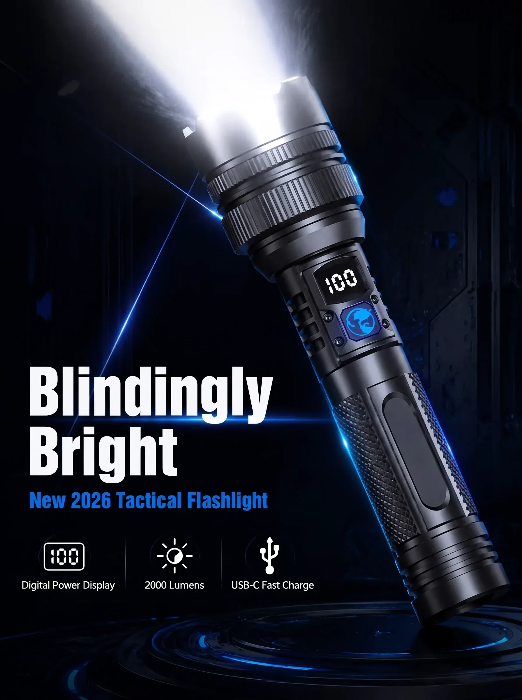 High power rechargeable zoom flashlight with digital battery display