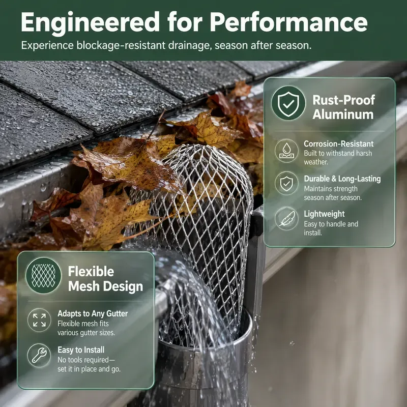 Flexible aluminum mesh downspout strainer
