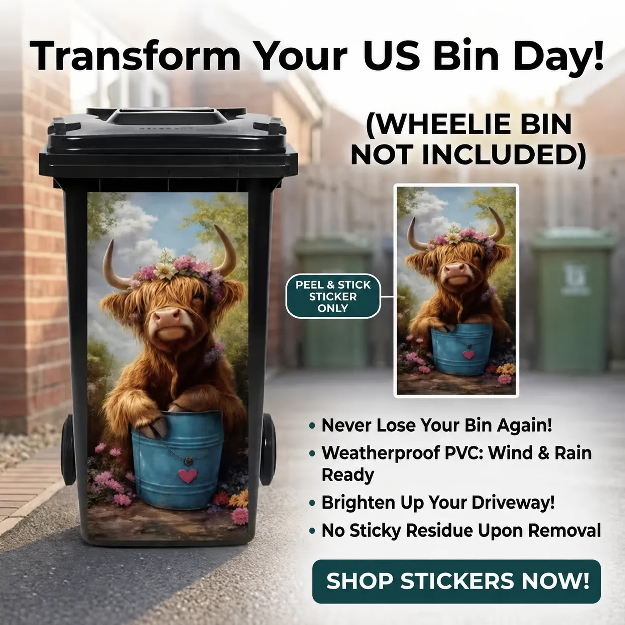 Creative Trash Can Sticker with Colourful Cartoon - Highland cattle / 70*31cm / 27.5*12.2in