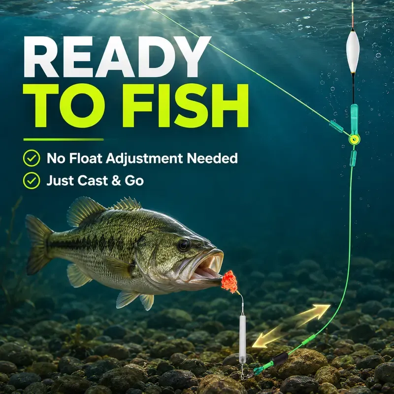 Pre-tied floating fishing rig ready for use