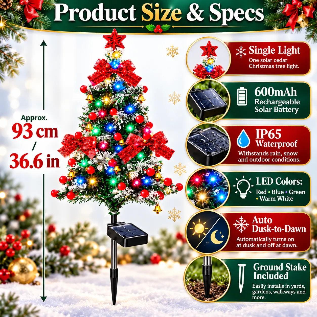 Solar cedar Christmas tree light dimensions and specifications